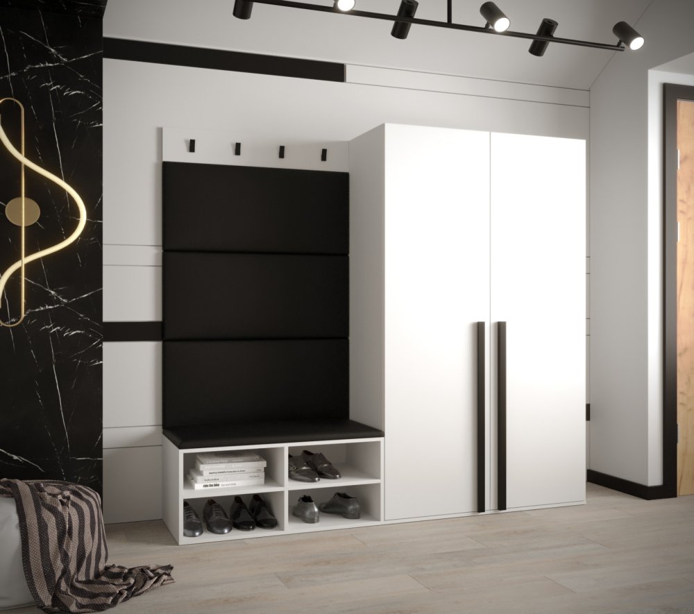 Veneti Predsieňový nábytok s čalúnenými panelmi HARRISON - biely, čierne panely z ekokože